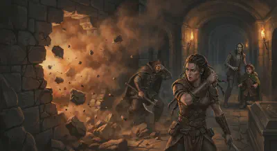 The wall explodes in the crypt corridor